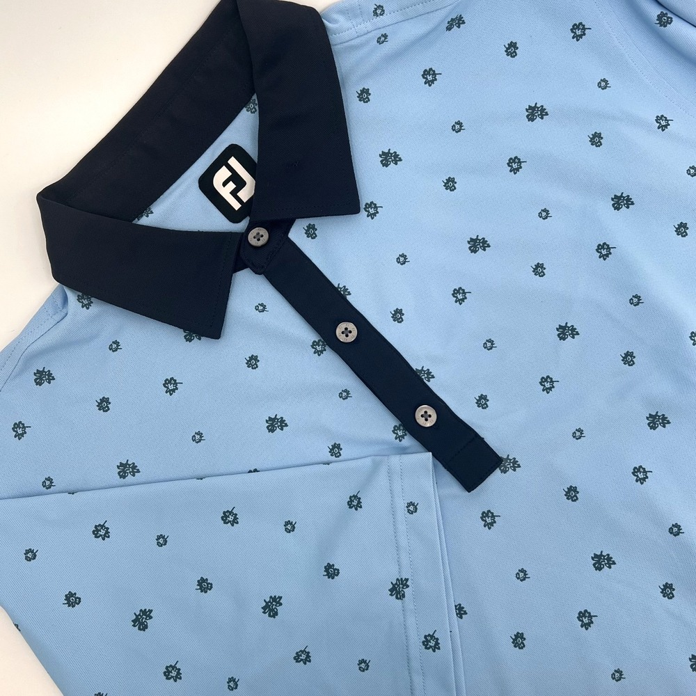 FOOTJOY Men's Sz XL Blue with Navy Floral Print Short-Sleeve Polo Shirt Stretch